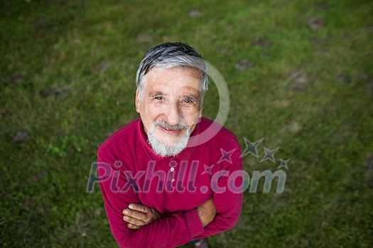 Senior man mowing his garden - shot from above - interesting angle view Senior man mowing his garden - shot from above - interesting angle view