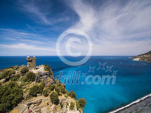 Aerial view of the beautiful village of Nonza, in Cap Corse, Corsica, France