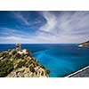 Aerial view of the beautiful village of Nonza, in Cap Corse, Corsica, France