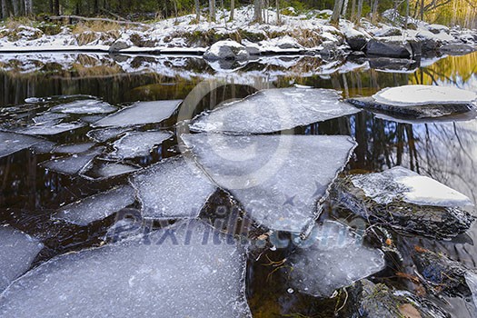River scenery in january with ice feature