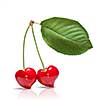 red cherry in shape of heart with leaf isolated on white