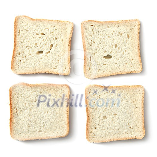 Four slices of white bread for making sandwiches over white background. Loaf of sliced bread for making sandwiches.