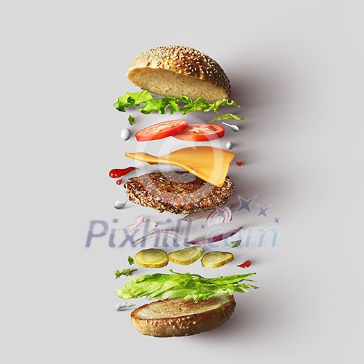 Top view of cheeseburger ingredients represented against white background. Hamburger or sandwich with cheese, tomato, beef, etc. Top view of cheeseburger ingredients represented against white background. Hamburger or sandwich with cheese, tomato, beef, etc.