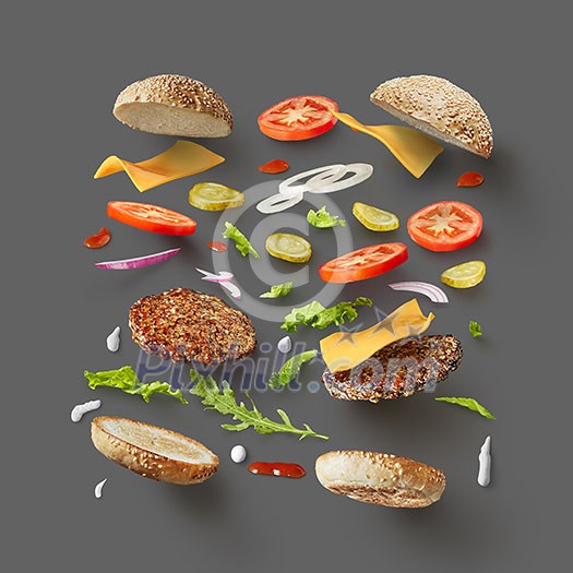 Top view of hamburger or sandwich with cheese, tomato, beef, etc. represented against grey background separately. Hamburger ingredients concept. Top view of hamburger or sandwich with cheese, tomato, beef, etc. represented against grey background separately. Hamburger ingredients concept.