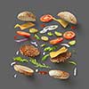 Top view of hamburger or sandwich with cheese, tomato, beef, etc. represented against grey background separately. Hamburger ingredients concept.