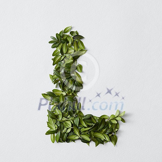 English alphabet concept. Alphabet isolated on white background. Abc letters from green leaves. Letter L represented with green leaves. Symbol L on white. English alphabet concept. Alphabet isolated on white background. Abc letters from green leaves. Letter L represented with green leaves. Symbol L on white.