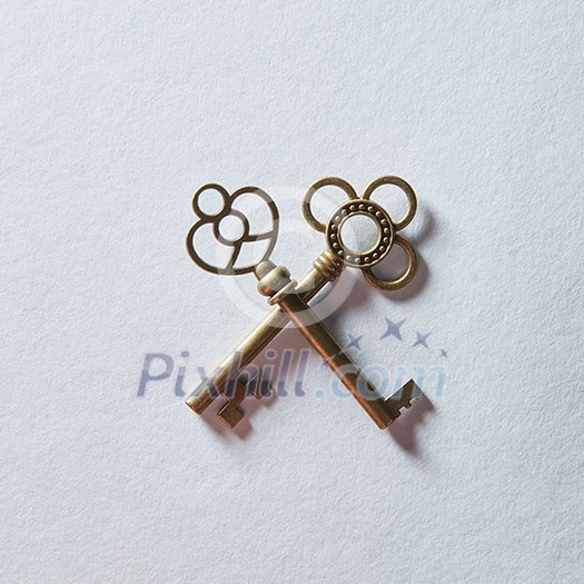 Two antique golden door key isolated on white background. White copy space may be used for any emotions or ideas. Antique concept. Two antique golden door key isolated on white background. White copy space may be used for any emotions or ideas. Antique concept.