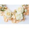 Composition of white and yellow roses over white background. Beautiful decoration of background for representing as gift or present on Woman's Day.