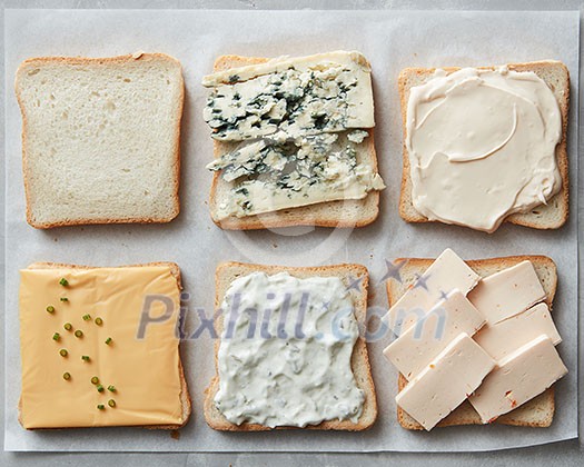 Different kinds of cheeses on toasts on paper close up
