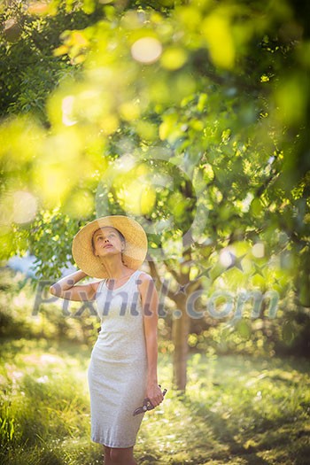 Pretty, young woman gardening in her garden, cutting branches, taking care of the fruit trees in her lovely orchard Pretty, young woman gardening in her garden, cutting branches, taking care of the fruit trees in her lovely orchard
