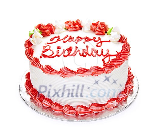 Birthday cake with white and red icing isolated on white