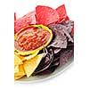 Bowl of salsa with colorful tortilla chips