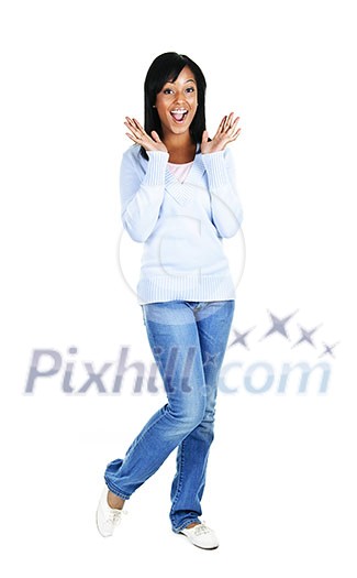 Excited surprised black woman standing isolated on white background