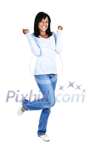 Happy black woman celebrating isolated on white background