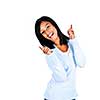Smiling black woman pointing up isolated on white background