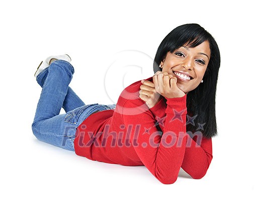 Portrait of black woman smiling laying isolated on white background