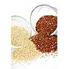 Red and white quinoa grain in glass bowls on white background