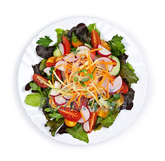 Plate of healthy green garden salad with fresh vegetables from above