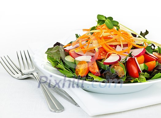 Plate of healthy green garden salad with fresh vegetables