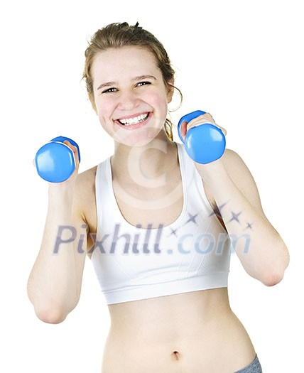 Happy smiling young woman working out with weights for fitness exercise