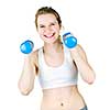 Happy smiling young woman working out with weights for fitness exercise