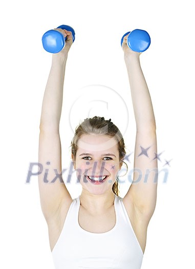 Happy healthy fit young woman lifting weights for fitness exercise Happy healthy fit young woman lifting weights for fitness exercise