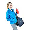Smiling fit young woman with gym bag and water bottle ready for fitness exercise