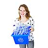 Smiling young woman holding full recycling box isolated on white