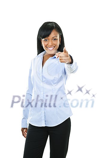 Smiling black woman pointing finger at camera isolated on white background