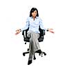 Young shrugging confused black businesswoman sitting in leather office chair