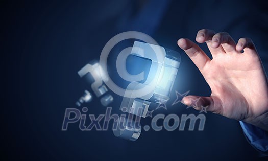 Close up of businessperson hand taking question icons with fingers Close up of businessperson hand taking question icons with fingers