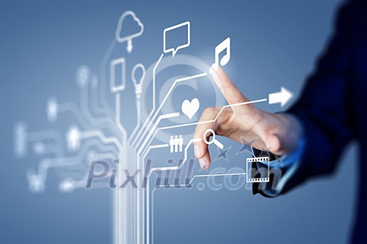 Close up of businessperson touching icon of cloud computing concept Close up of businessperson touching icon of cloud computing concept