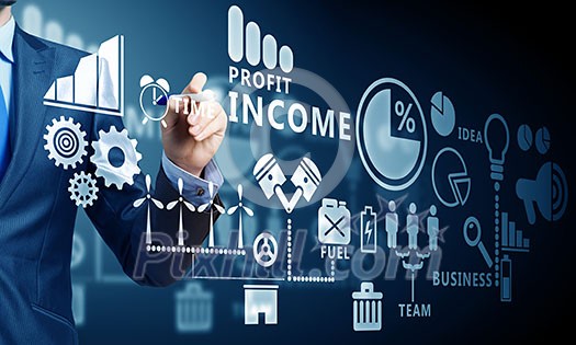 Close up of businessman drawing strategy plan on media screen Close up of businessman drawing strategy plan on media screen