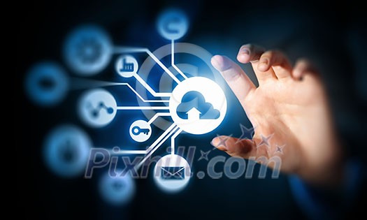 Close up of businessperson touching icon of cloud computing concept