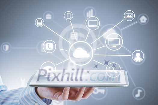 Close up of businessperson using tablet representing cloud computing concept Close up of businessperson using tablet representing cloud computing concept