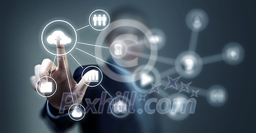 Close up of businessperson touching icon of cloud computing concept