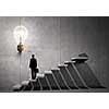 Back view of businessman standing on ladder and big idea bulb