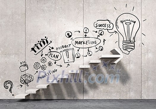 Business strategy plan over ladder leading to success Business strategy plan over ladder leading to success