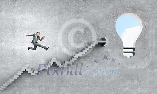 Back view of businessman standing on ladder and big idea bulb Back view of businessman standing on ladder and big idea bulb