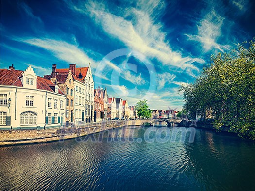 Vintage retro effect filtered hipster style image of  canal, bridge and row of old houses, Bruges (Brugge), Belgium