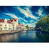 Vintage retro effect filtered hipster style image of  canal, bridge and row of old houses, Bruges (Brugge), Belgium