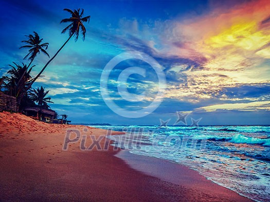 Beach holidays vacation romantic concept background - vintage retro effect filtered hipster style image of sunset on tropical beach with dramatic cloud sky. Sri Lanka Beach holidays vacation romantic concept background - vintage retro effect filtered hipster style image of sunset on tropical beach with dramatic cloud sky. Sri Lanka