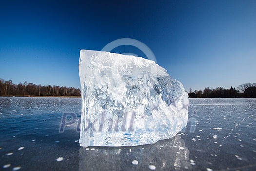 Freezing winter temperatures: block of ice lying on the surface of a frozen pond on a sunny winter day
