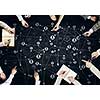 Top view of people hands drawing networking strategy