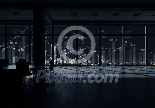 Modern office window view with virtual market infographs
