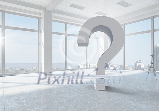Bright modern interior with big question mark sign