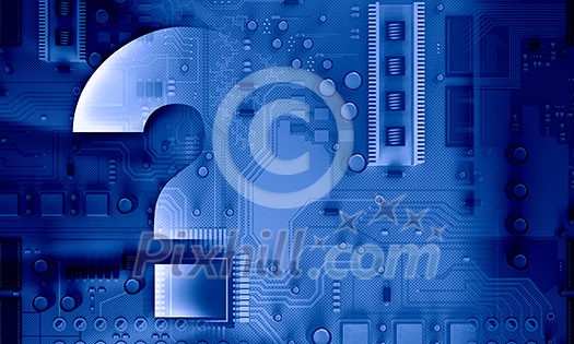 Background image with system motherboard concept and question mark