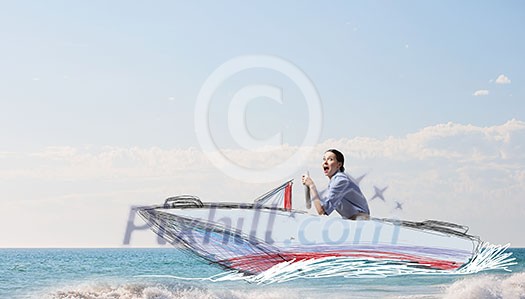 Young woman riding on drawn sailing boat on sea waves Young woman riding on drawn sailing boat on sea waves