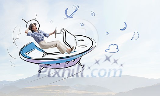 Young funny woman riding in drawn ufo ship Young funny woman riding in drawn ufo ship