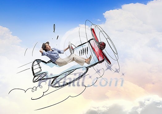 Young funny woman flying in air in drawn airplane
